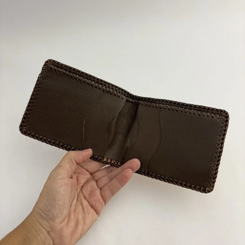 VTG Tooled Leather Western Whip Stitch Men's Wallet Hand Crafted Bifold Brown
